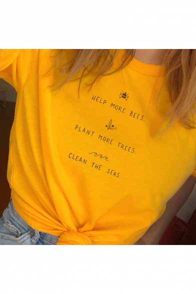 Help More Bees Plant More Trees Save The Seas Letter Printed Short Sleeve Round Neck Knotted Front Yellow Tee