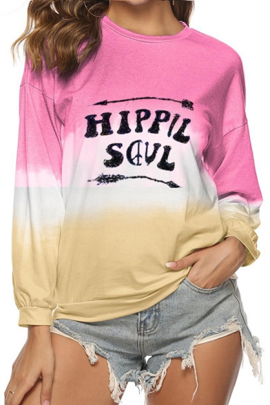 HIPPIE SOUL Letter Print Round Neck Color Block Long Sleeve Sweatshirt