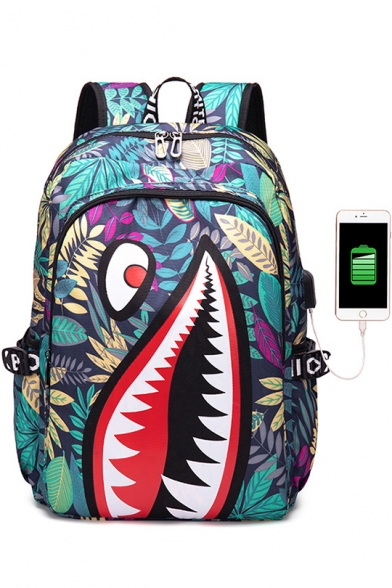 Hot Fashion Cartoon Shark Printed Waterproof Creative USB Charging Canvas School Bag Backpack 32*13*43cm