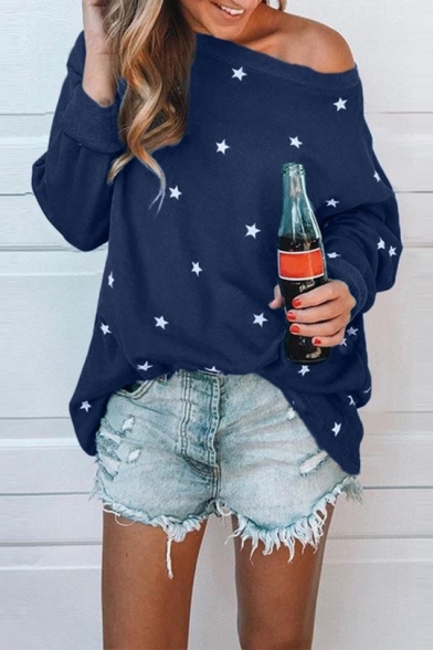 Hot Fashion Women's Star Print One Shoulder Long Sleeve Pullover Sweatshirt