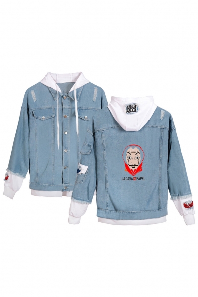 Hot Popular Comic Figure Letter LA CASA PAPEL Printed Ripped Long Sleeve Button Down Hooded Casual Denim Jacket