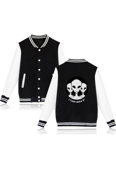 Hot Popular Cool Storm Area Alien Pattern Rib Stand Collar Button Down Fitted Baseball Jacket