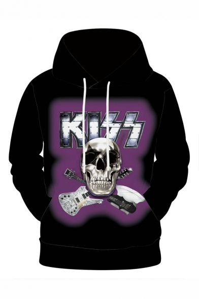 Hot Popular KISS Skull Guitar 3D Printed Long Sleeve Loose Fit Black Drawstring Pullover Hoodie