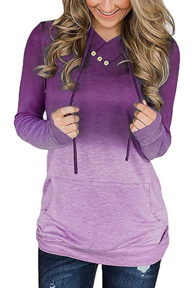 Hot Popular Womens Long Sleeve Button Embellished Straight Gradient Hoodie with Pocket