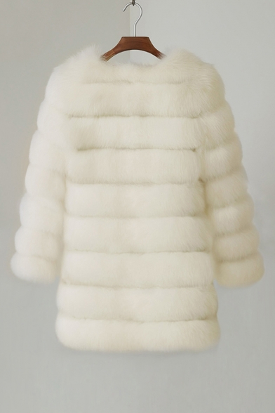Elegant Fashion Long Sleeve White Plain Long Faux Fur Coat