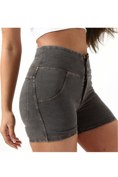 Hot Sexy Plain High Waist Button Front Fake Pocket Skinny Fitted Peach Hip Denim Shorts