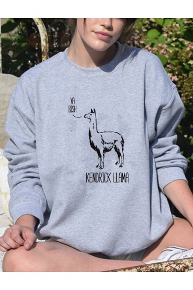 KENDRICK LLAMA Letter Print Round Neck Long Sleeve Grey Sweatshirt