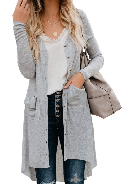 Ladies Casual Plain V Neck Long Sleeve Fitted Longline Midi Cardigan with Pockets