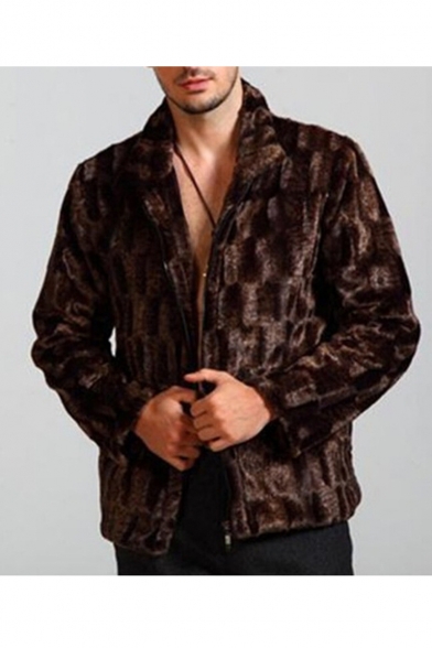 Men Fashionable Leisure Mink Print Stand Collar Long Sleeve Brown Fitted Fluffy Fleece Coat