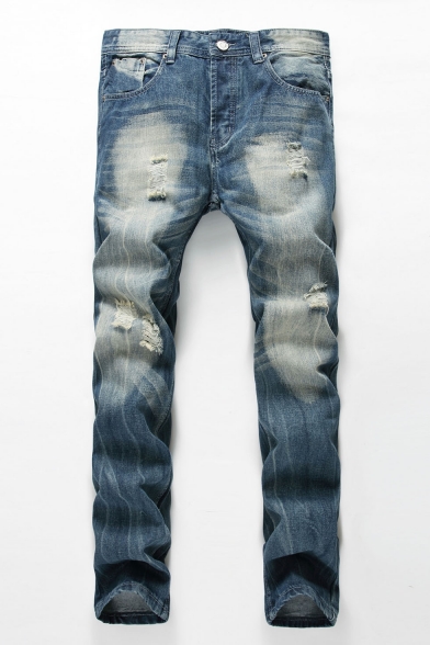 Men's New Fashion Cool Distressed Ripped Vintage Light Blue Washed Jeans