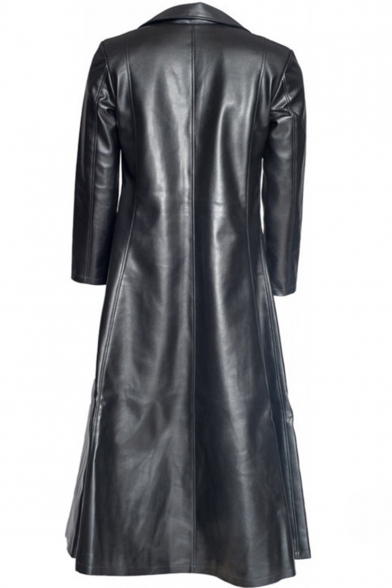 Men's New Fashion Plain Notched Lapel Collar Long Sleeve Single Breasted Longline Leather Jacket