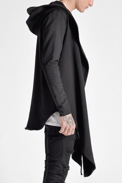 Men's New Stylish Street Style Long Sleeve Simple Plain Open Front Longline Black Trench Coat