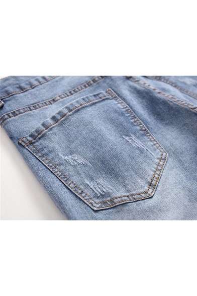Men's Popular Fashion Letter Badge Patched Light Washed Frayed Ripped Jeans