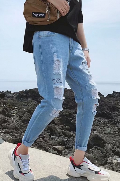 Men S Popular Fashion Light Blue Letter Printed Stretch Relaxed Fit Ripped Jeans Beautifulhalo Com