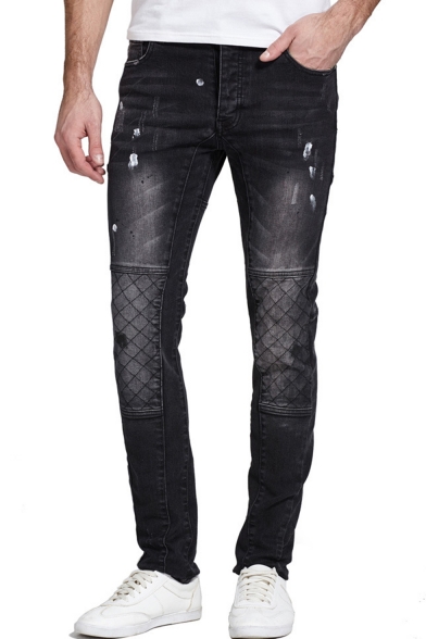 Men's Popular Fashion Simple Plain Diamond Quilted Knee Patched Trendy Black Button-fly Jeans
