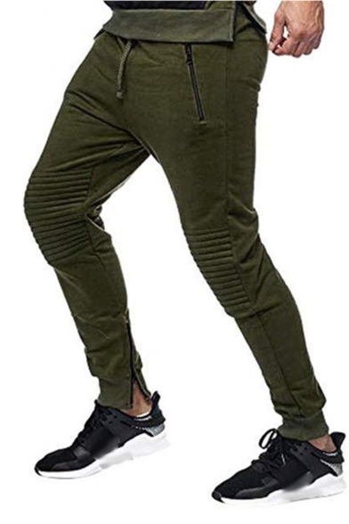 Men's Popular Fashion Simple Plain Knee Pleated Patched Drawstring Waist Zip-Cuffs Sports Sweatpants Pencil Pants