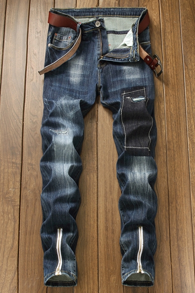 Men's Retro Fashion Basic Plain Zippered Cuffs Dark Blue Regular Fit Ripped Jeans