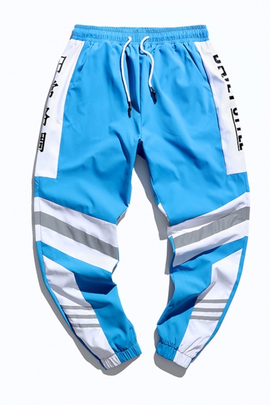 Men's Street Style Cool Fashion Colorblock Stripe Letter Printed Loose Fit Elastic Cuffs Reflective Track Pants