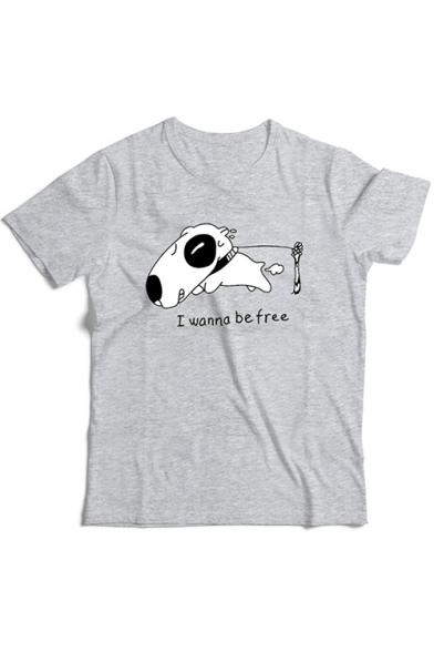 Mens Cute Short Sleeve Round Neck I Wanna Be Free Letter Dog Printed Cotton T-Shir