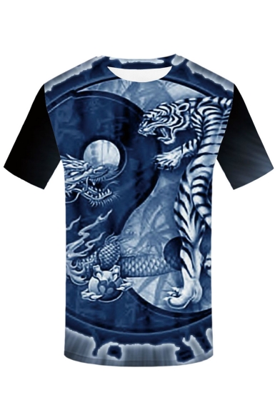 Mens Short Sleeve Round Neck 3D Taiji Dragon And Tiger Printed T Shirt