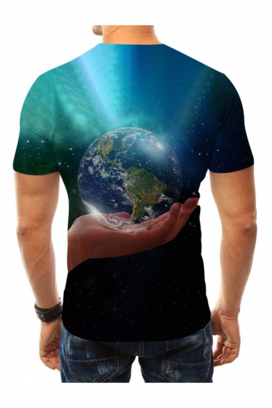 Mens New Trendy Short Sleeve Round Neck 3D Earth Hand Printed Blue T Shirt