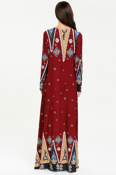 Moslem New Stylish Round Neck Long Sleeve Tribal Print Red Swing Floor Length Maxi Dress