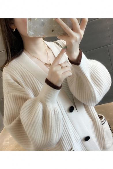 New Arrival Autumn Winter Plain V Neck Bloomer Sleeve Cardigan with Pockets for Women