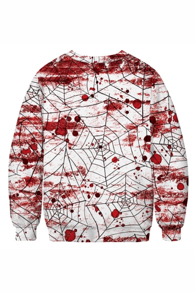 New Arrival Halloween Spider Web Blood 3D Printed White and Red Long Sleeve Round Neck Sweatshirts