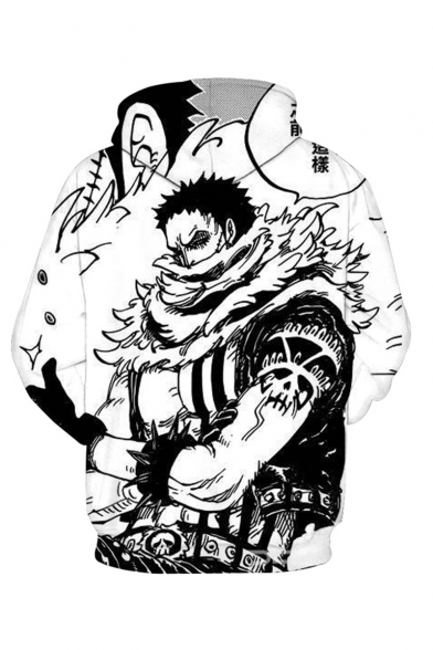 New Arrival Hot Popular One Piece Comic Figure Printed Long Sleeve White Drawstring Pullover Hoodie