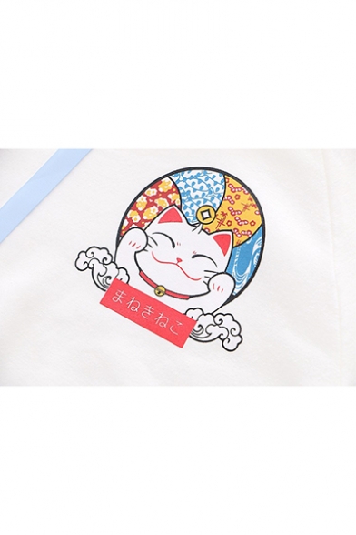 New Fashion Cartoon Fortune Cat Pattern Frog Button Front Long Sleeve Loose Drawstring Hoodie