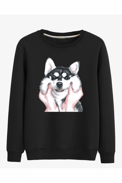 New Fashion Cute Husky Dog Printed Long Sleeve Round Neck Unisex Casual Pullover Sweatshirts