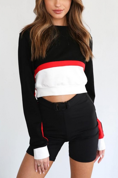 New Fashion Round Neck Long Sleeve Cropped Color block Pullover Sweatshirt