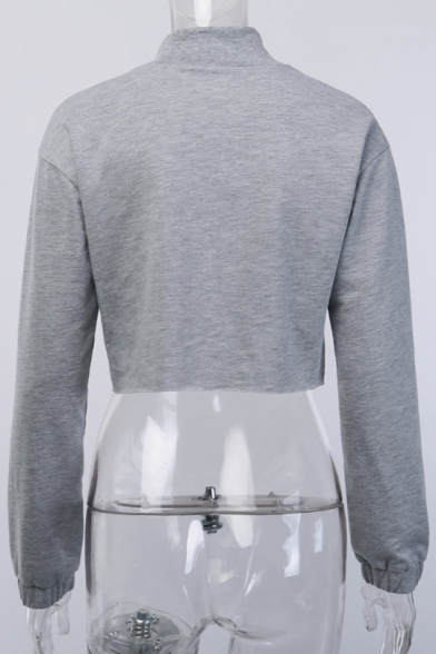 New Fashion Simple Basic Gray Plain Long Sleeve Zip Up Cropped Sweatshirt