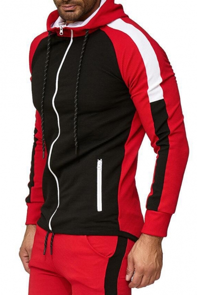 New Stylish Colorblock Patched Drawstring Hooded Long Sleeve Slim Fitted Casual Sports Zip Up Hoodie for Men