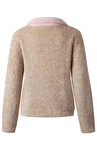 New Stylish Half-Zip Stand Up Collar Color Block Long Sleeve Fluffy Teddy Sweatshirt