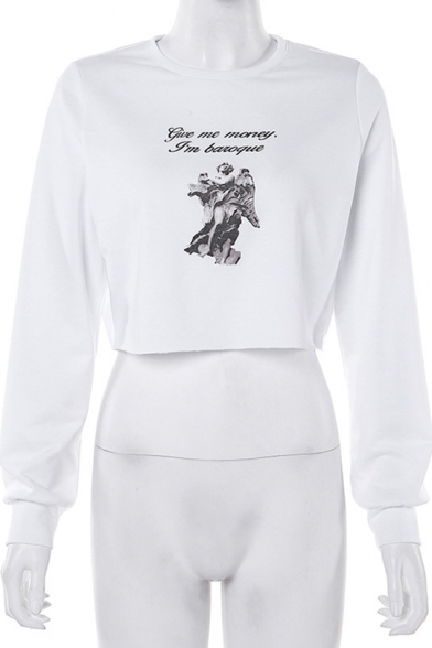 New Stylish Letter Give Me Money Print Round Neck Long Sleeve White Cropped Pullover Sweatshirt