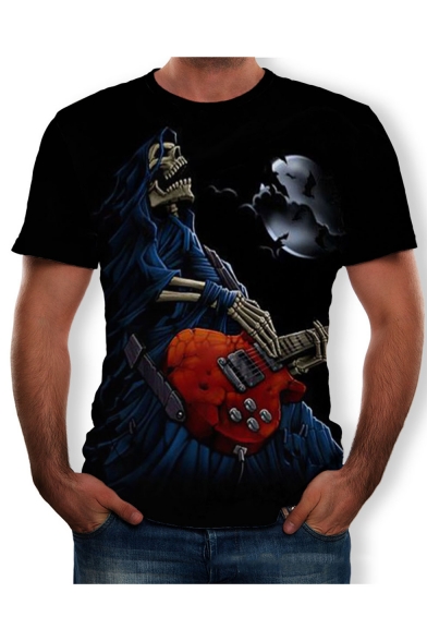 New Stylish Short Sleeve Round Neck Skeleton Skull Guitar Printed Black T Shirt