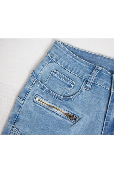 New Stylish Summer Blue Stretch Zip Embellished Straight Slim Fit Bermuda Denim Shorts