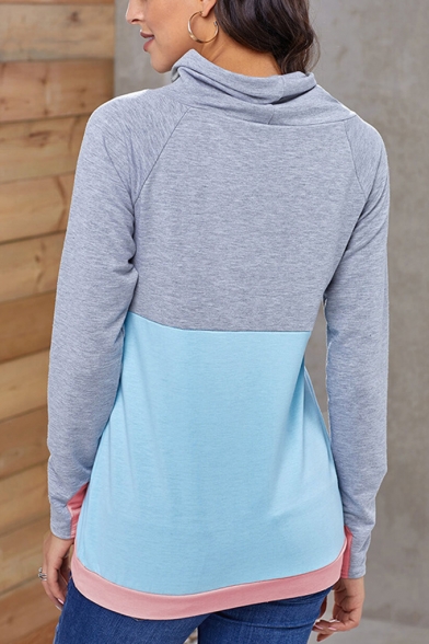 New Trendy Color Block High Neck Long Sleeve Pullover Sweatshirt