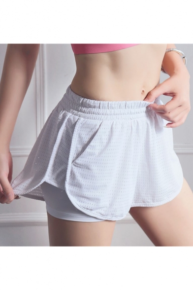 New Trendy Simple Plain Elastic Waist Fake Two Piece Quick Drying Mesh Sport Shorts