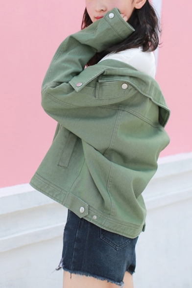 Notched Lapel Collar Army Green Solid Color Zip Up Workwear Denim Jacket