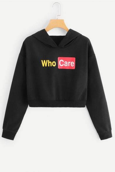 Personalized Black Long Sleeve Who Care Letter Printed Cropped Hoodie