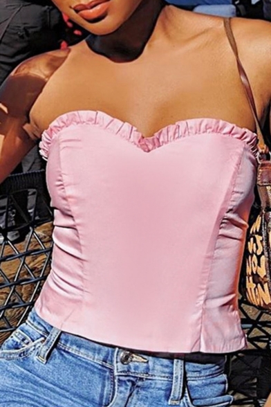 Pink Shirred Strapless Sleeveless Slim Fitted Cropped Bandeau Tee