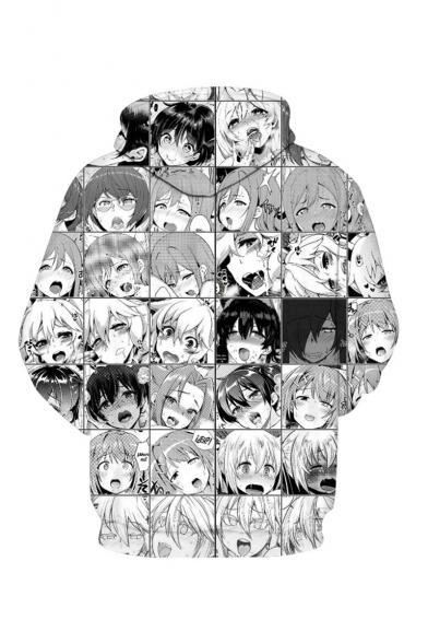 Popular Ahegao Comic Anime Girl Pattern Long Sleeve Unisex Black and White Pullover Hoodie
