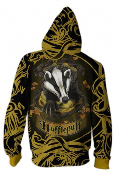 Popular Fashion Letter HUFFLEPUFF Animal 3D Printed Black and Yellow Long Sleeve Zip Up Hoodie