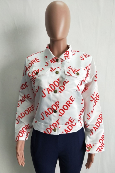 Red Letter Printed Lapel Collar Single Breasted Chest Pockets Long Sleeve Casual Cropped Jacket