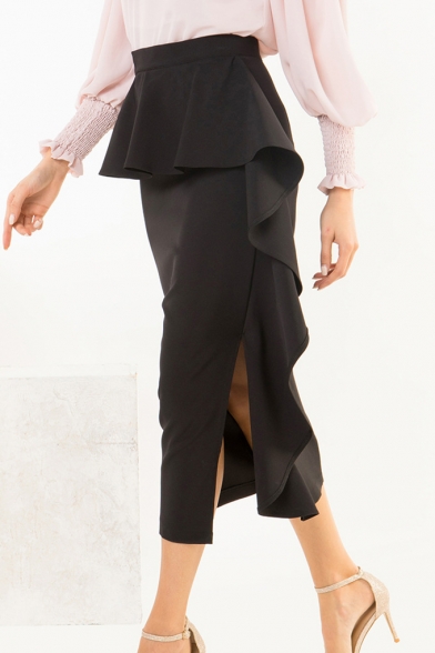 Retro Ruffled Embellished Split-Side Black Midi Pencil Skirt