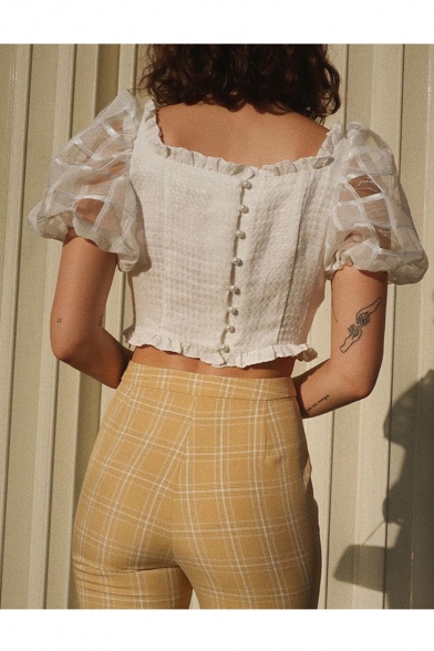 Sexy Simple Plain V-Neck Puff Short Sleeve Bow-Front Pleated Mesh Patched Cropped White Blouse&Top