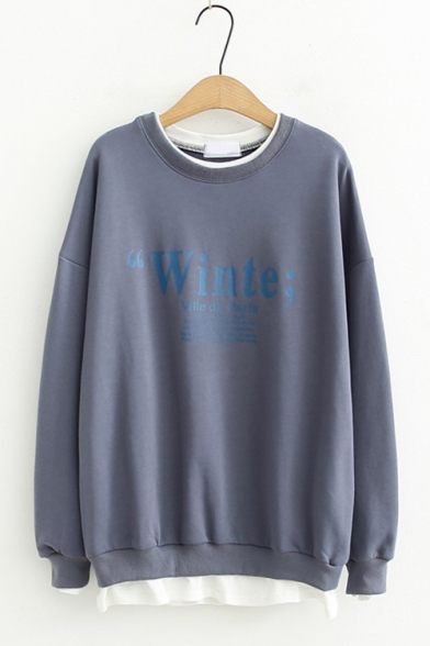 Simple Letter WINTE Pattern Preppy Style Round Neck Long Sleeve Pullover Sweatshirt