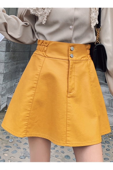 Solid Color Elastic Waist Double Button PU A-Line Mini Skirt